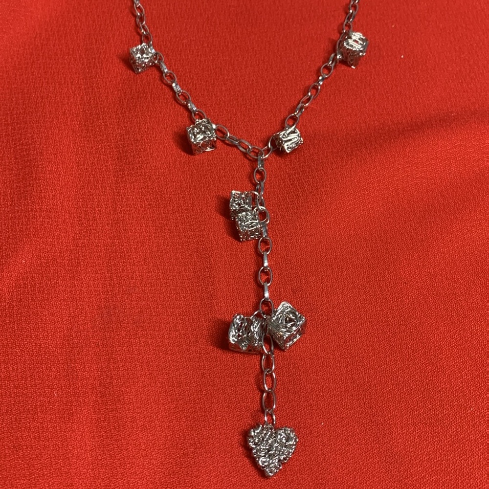 metal chain necklace with handmade heart and cube charms VTG silver tone